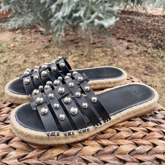 Marc Fisher Black Studded Strappy Tamie Platform Slip On Leather Espadrille Sz 8 - Picture 1 of 11